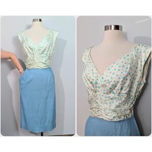 Rembrandt Blue Polka Dot and Linen 40s Dress